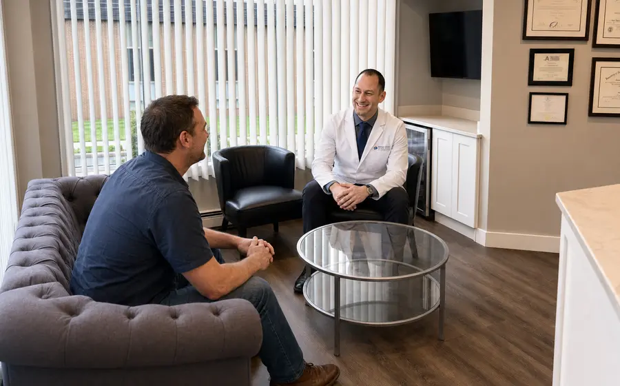 Dr. Mady speaking with a patient in the Spring Valley Dental Care consultation lounge