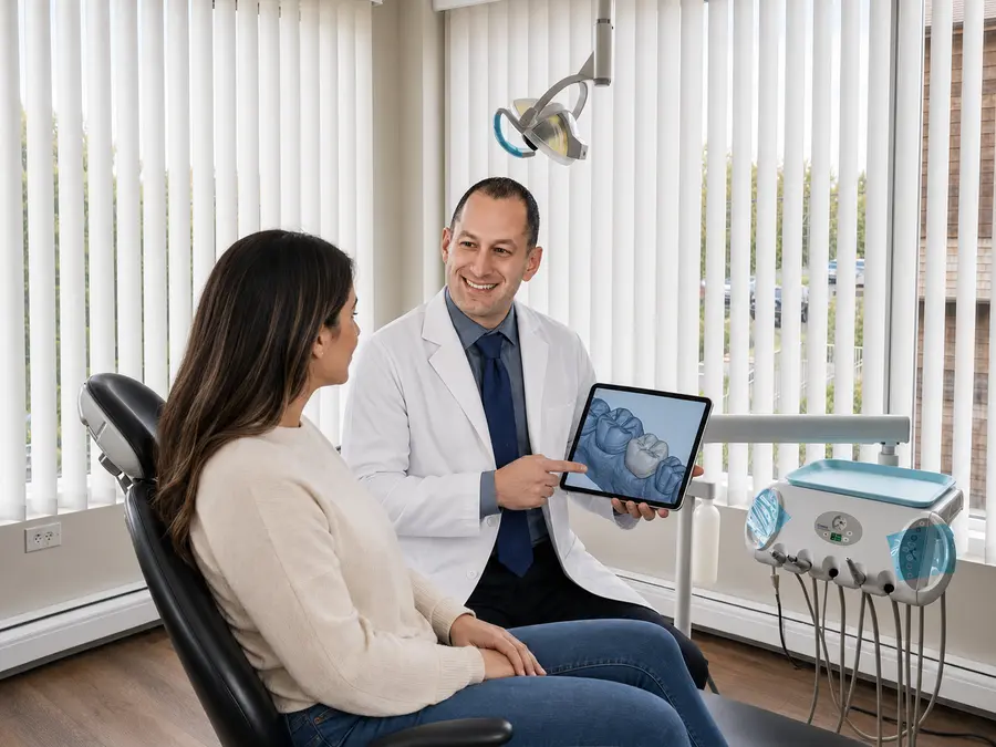 Dr. Mady reviewing a digital dental scan with a patient in the Spring Valley Dental Care operatory