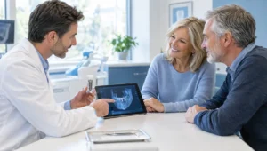 Dentist reviewing a dental implant treatment plan and 3D scan with a couple at Spring Valley Dental Care in Maywood, NJ