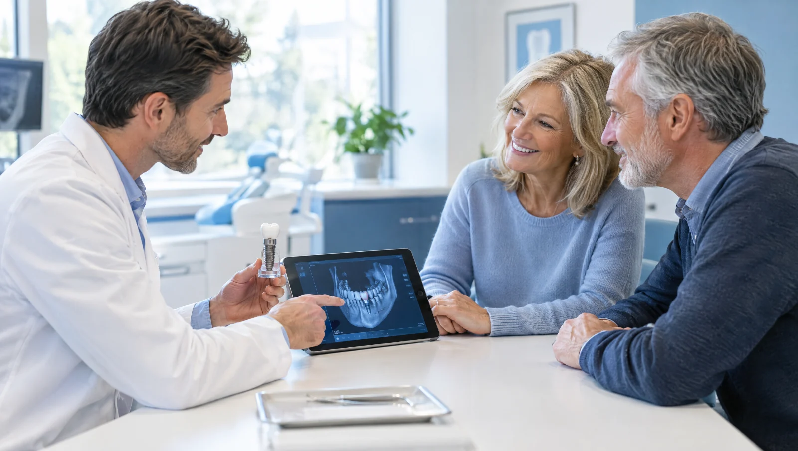 Dentist reviewing a dental implant treatment plan and 3D scan with a couple at Spring Valley Dental Care in Maywood, NJ