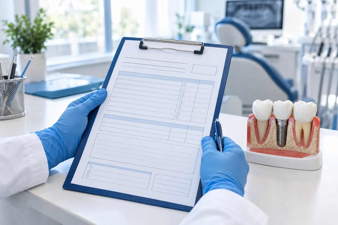 Dentist holding a written dental implant estimate next to an implant model