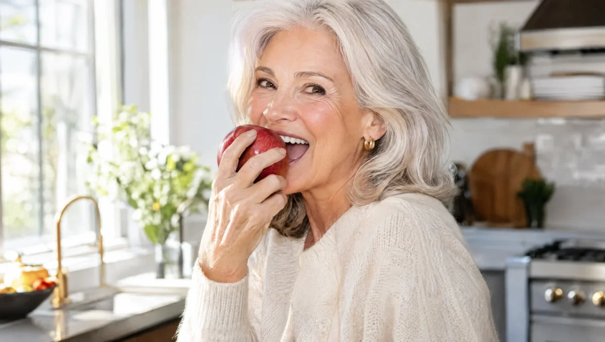 Confident older woman biting into an apple with implant-supported dentures