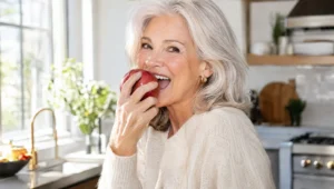 Confident older woman biting into an apple with implant-supported dentures
