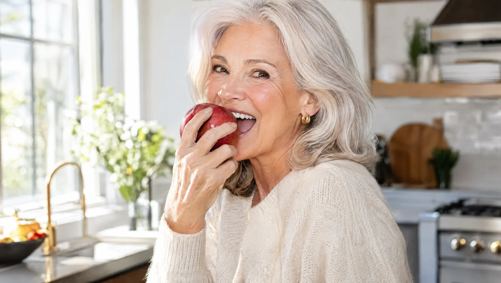 Confident older woman biting into an apple with implant-supported dentures